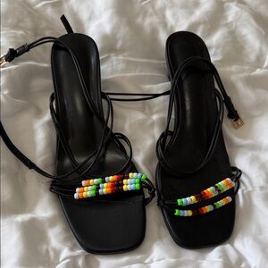 Black Beaded Lace-Up Women's Sandals